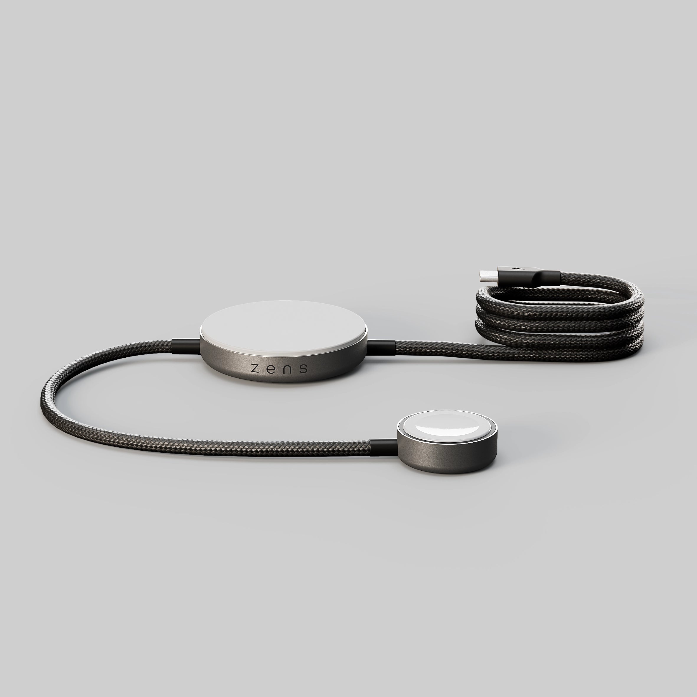 One metallic wireless charging cables with a black cable on a gray background, branded 'zens'.
