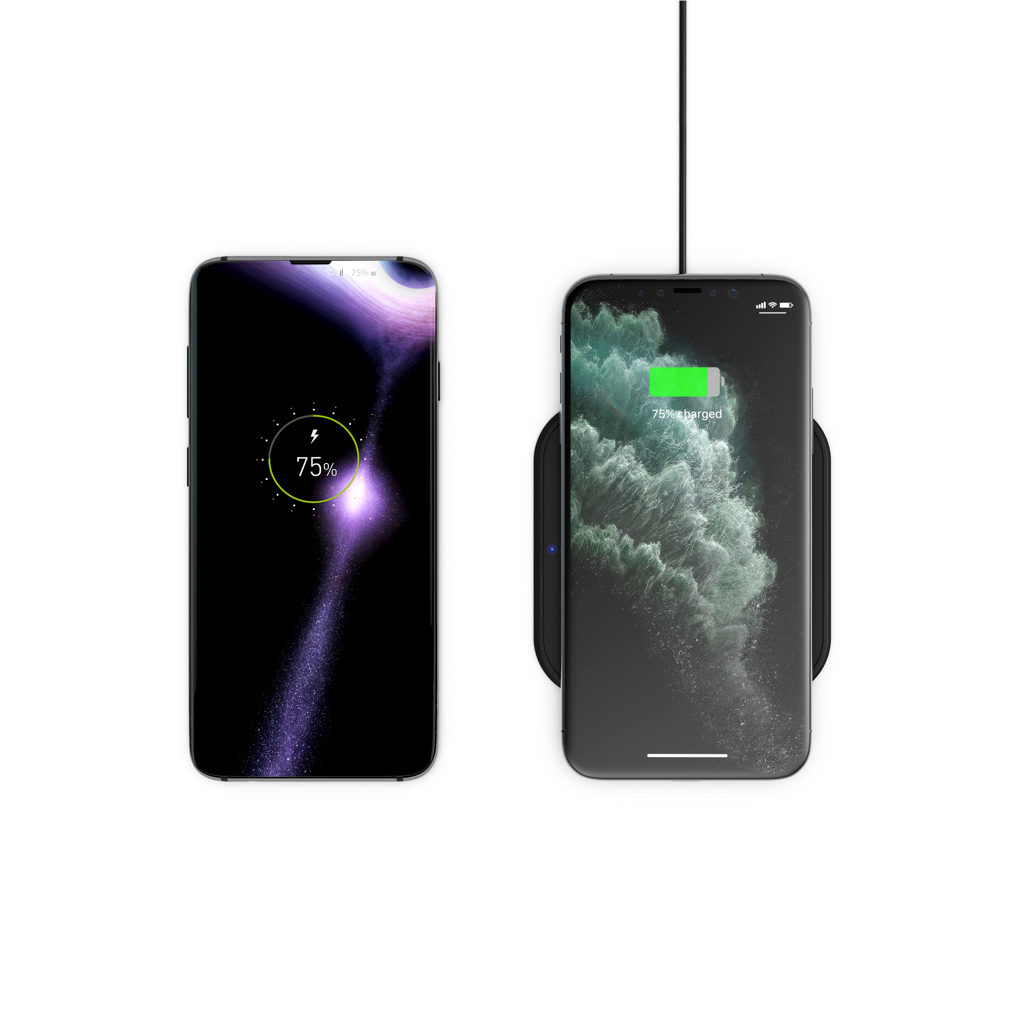Zens Single Fast Wireless Charger Slim-line fast charging a smartphone wirelessly with magnetic alignment.