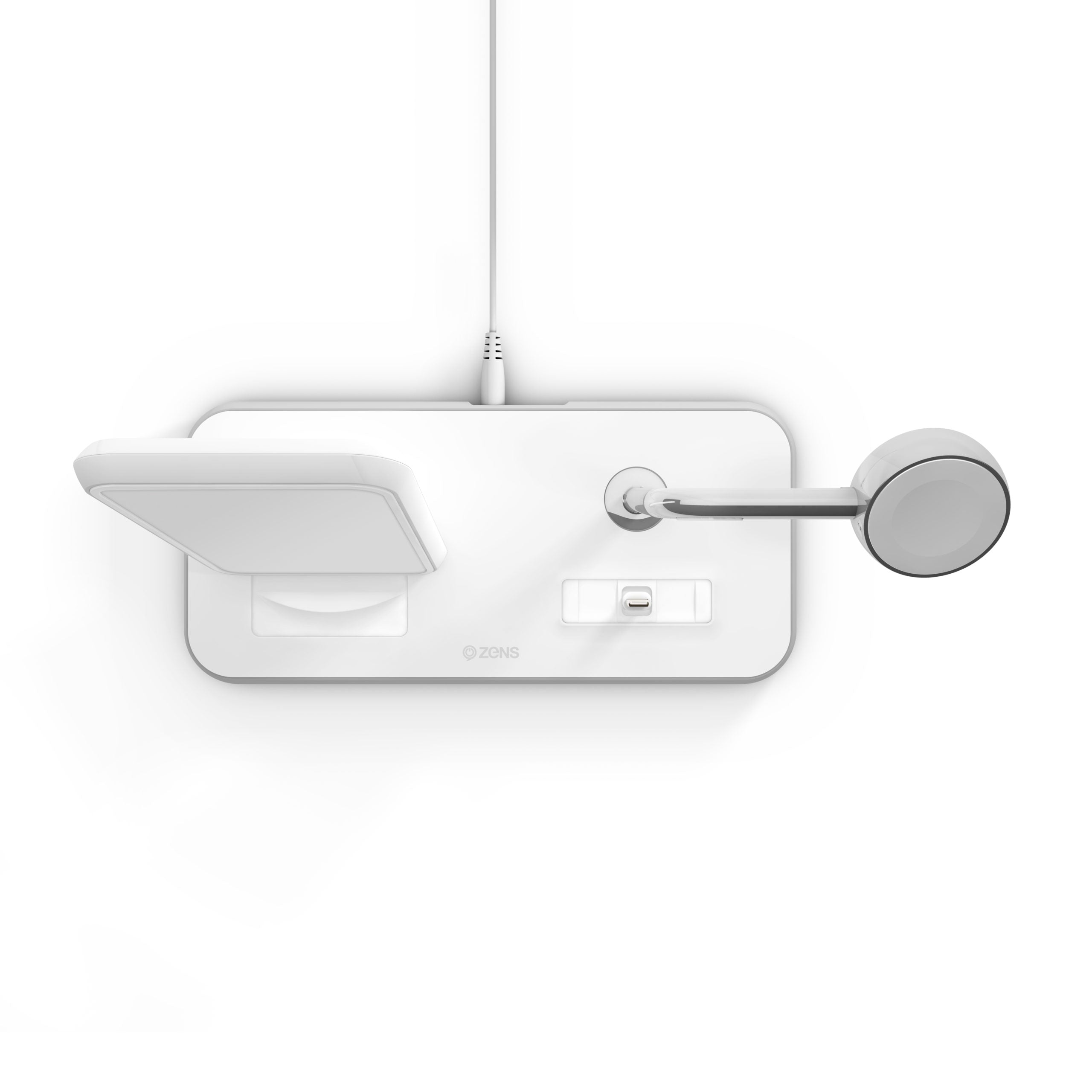 Top view of the white Zens Stand Dock Watch aluminium wireless charger on a white background