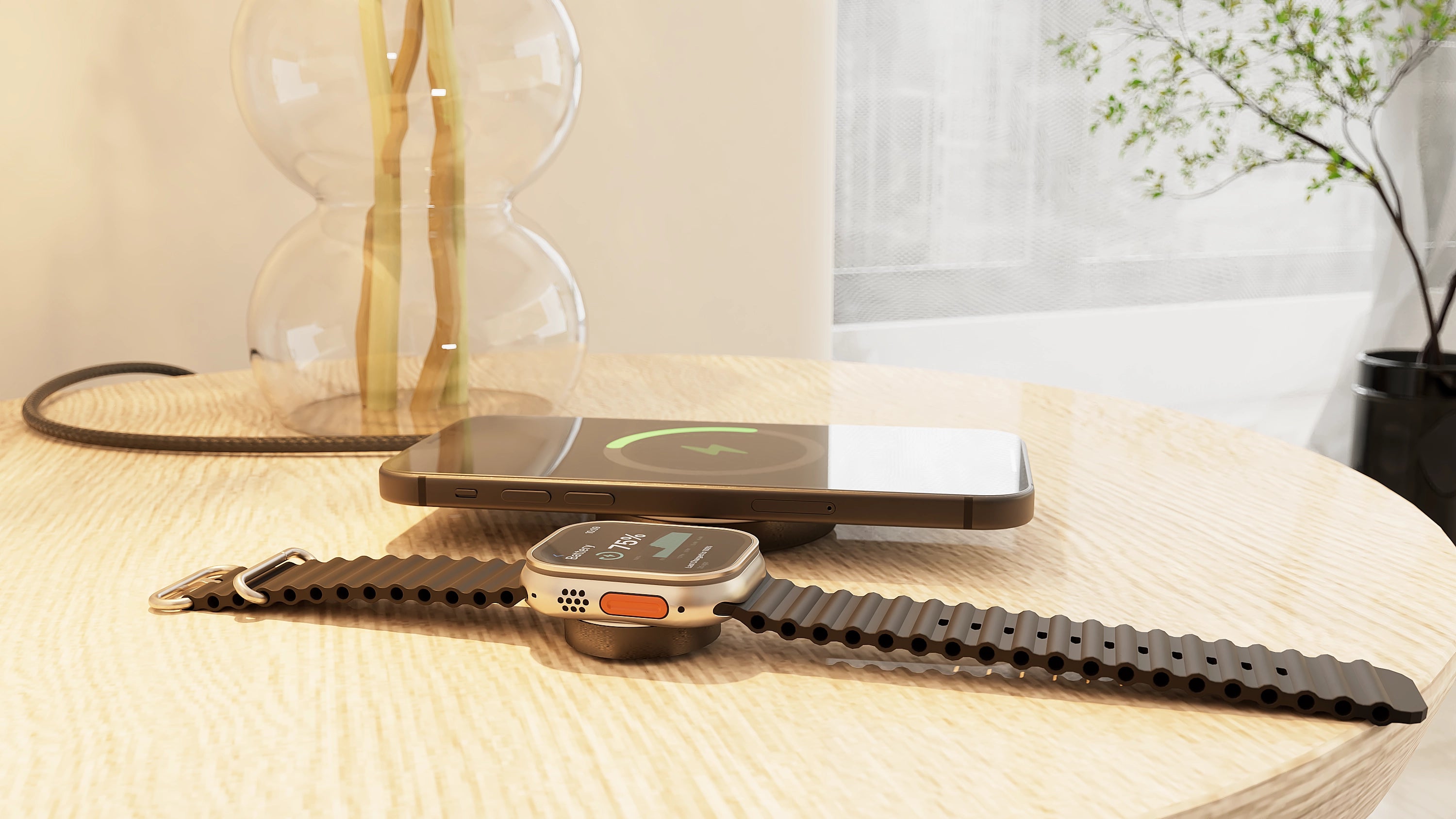 USB-C charging cable for smartwatch and phone on a wooden surface with a blurred background
