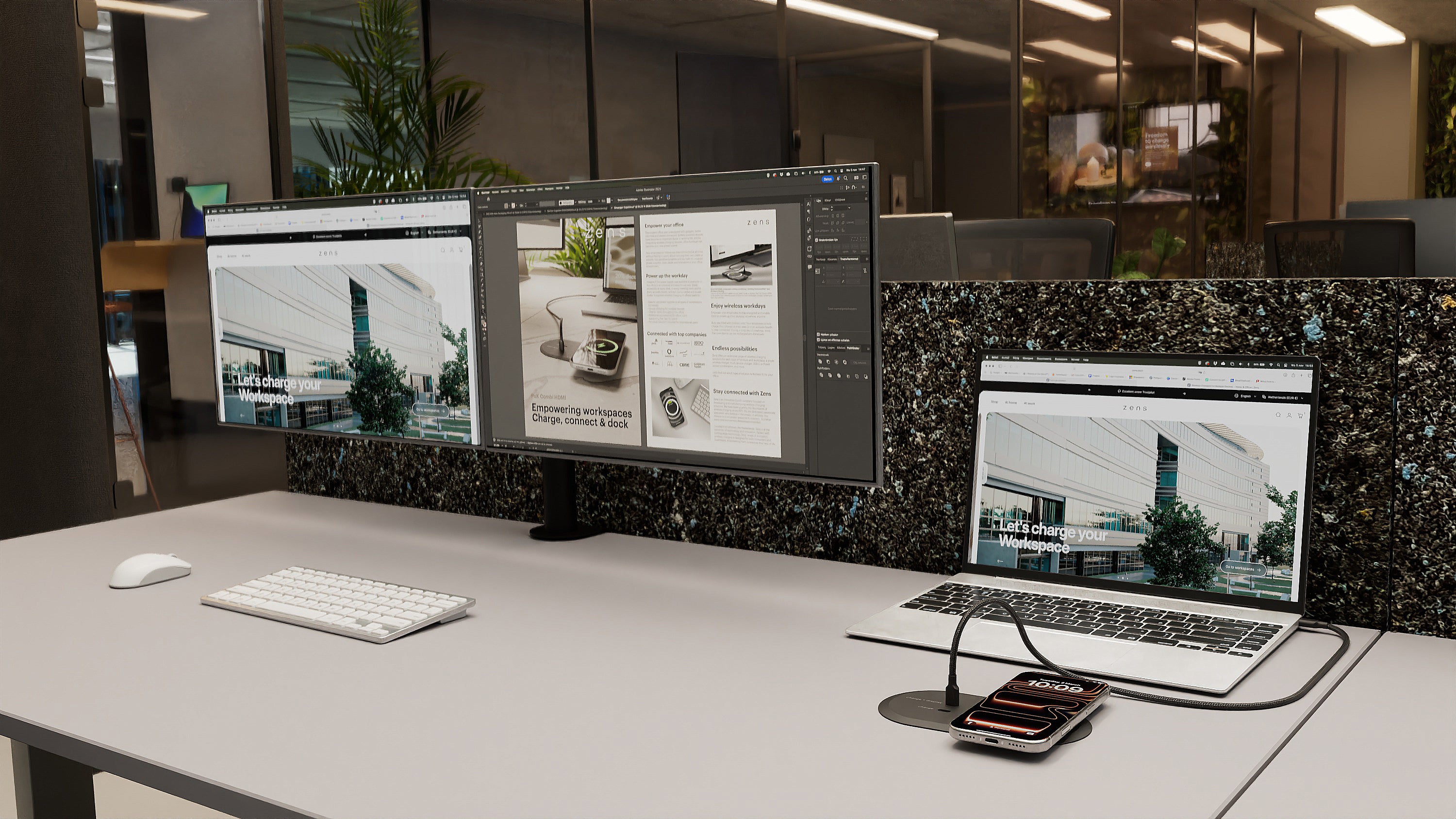 Zens PuK HDMI charging a smartphone with MagSafe and wireless charging in an office setting.