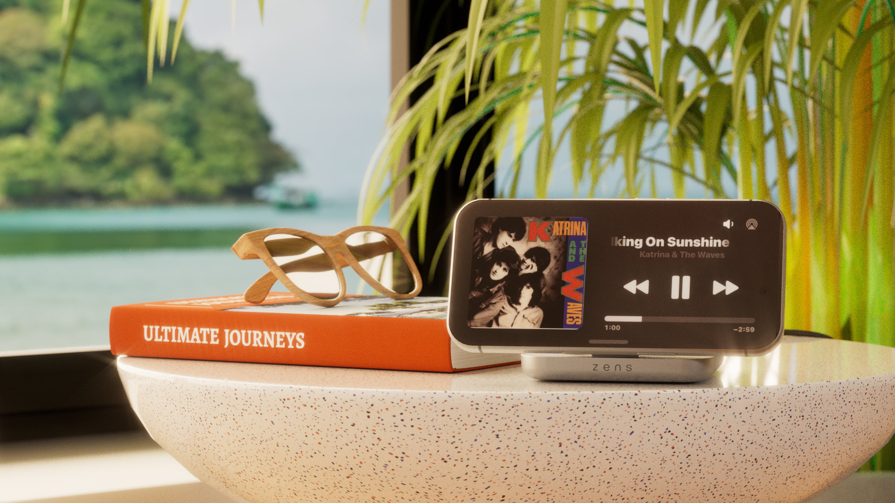 Magnetic Nightstand Charger featured in a Sunshine Savings promotion in a hotel setting.