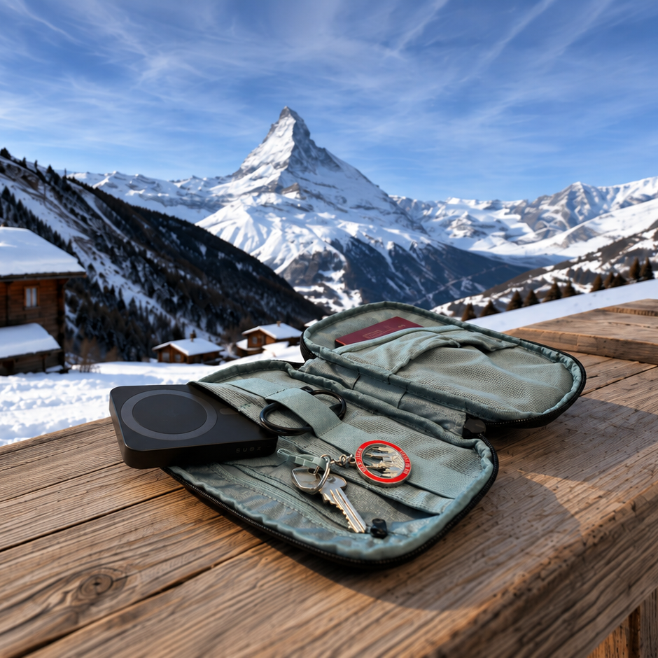 An open Thule tech kit organizer containing a black powerbank of Zens and keys, placed on a wooden table in a snowy mountain village with a snow-covered peak in the background.