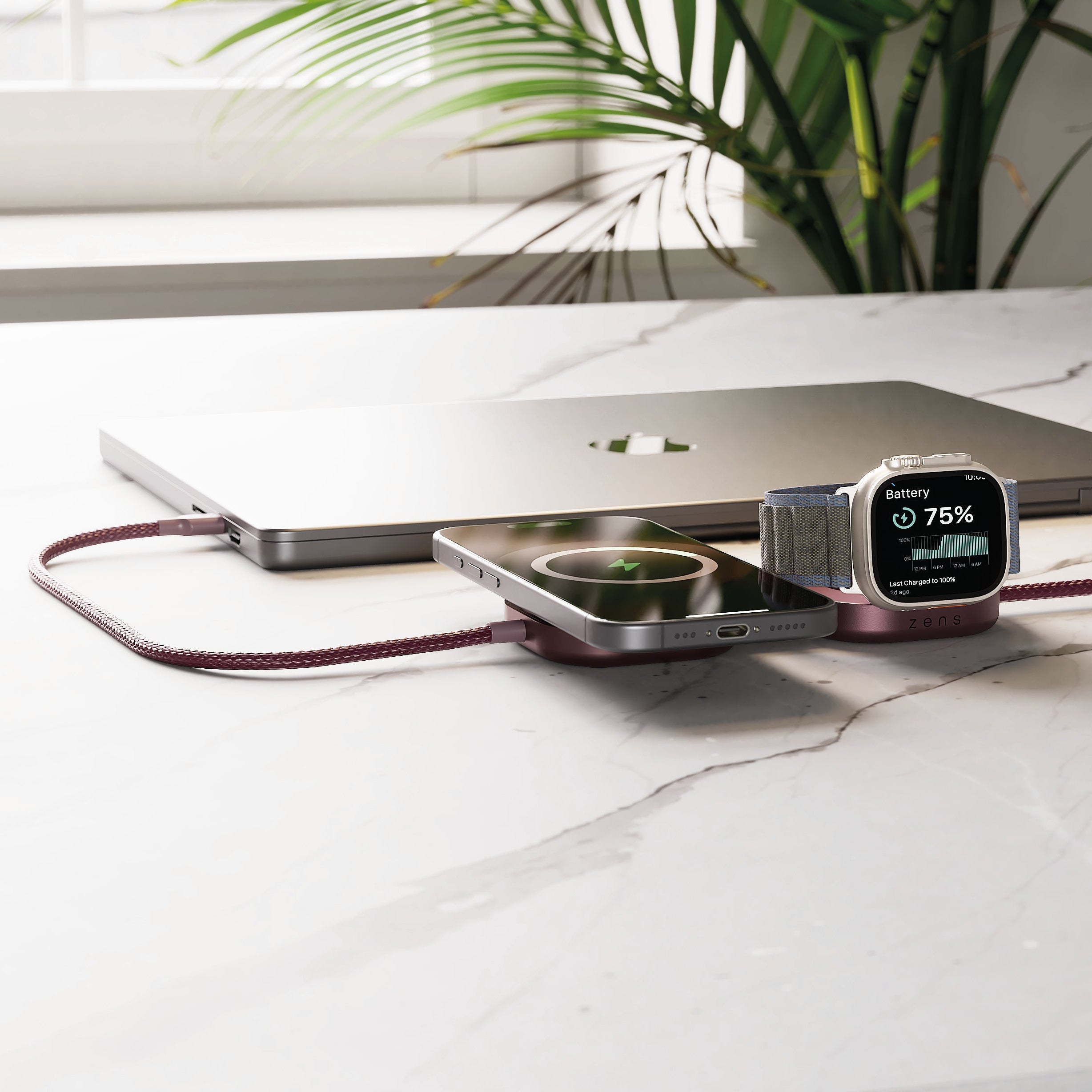 Zens Charging Cable Pro 3 in Dark Cherry with Macbook, Apple Watch and iPhone
