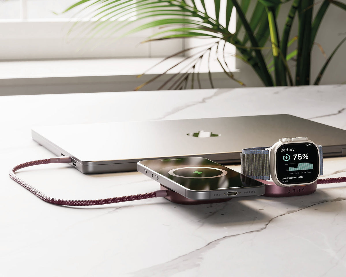 Zens Charging Cable Pro 3 in Dark Cherry with Macbook, Apple Watch and iPhone