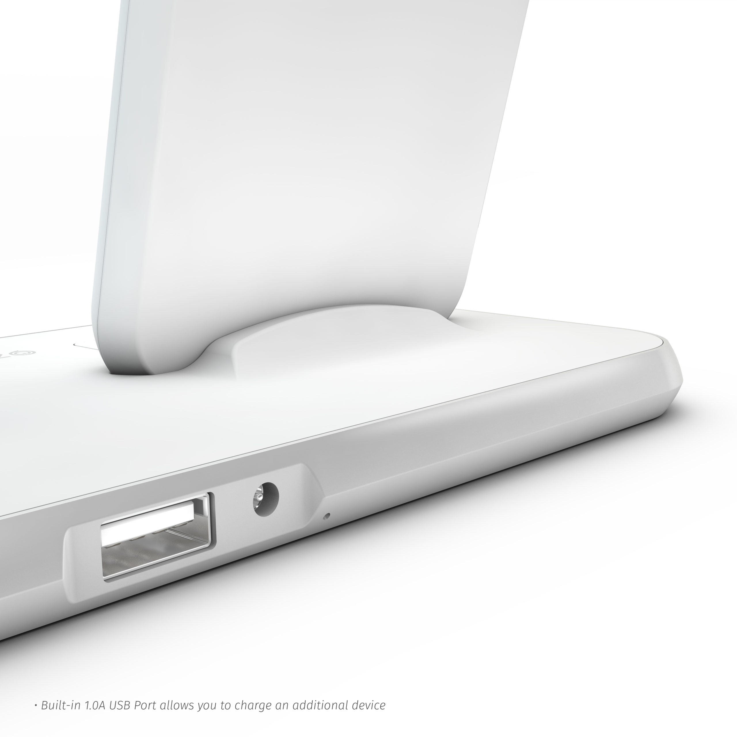 White Zens Stand Dock Watch aluminium wireless charger with a built in USB port on a white background