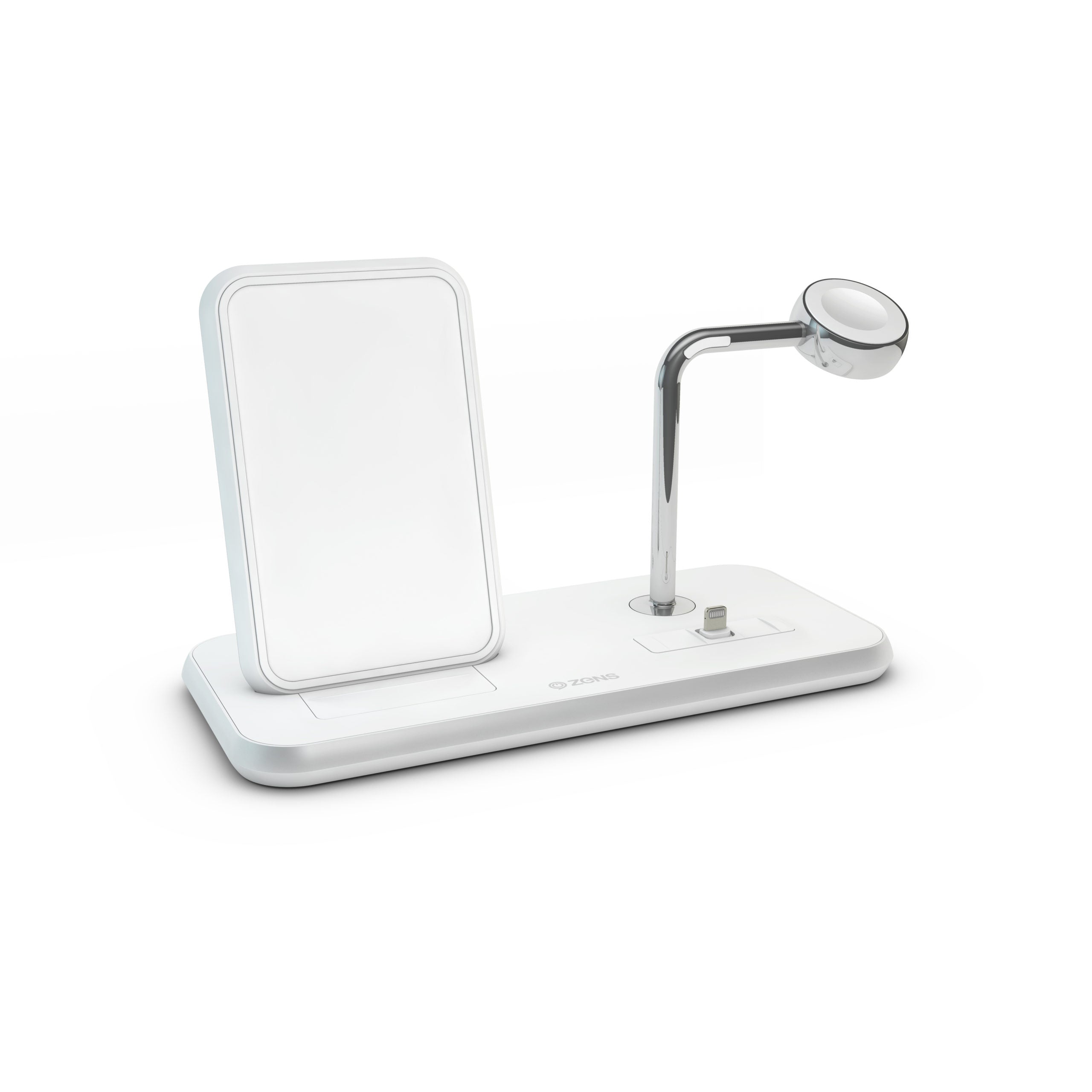 Front side view of the white Zens Stand Dock Watch aluminium wireless charger on a white background