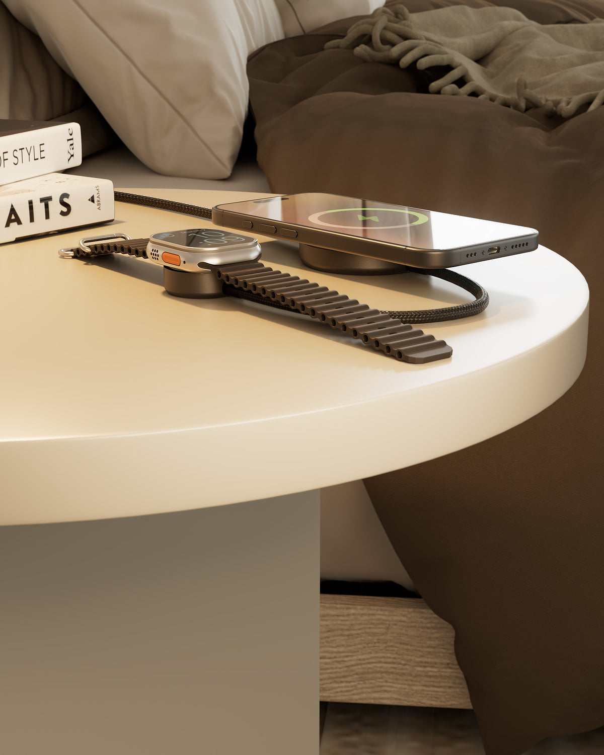 Zens 2 in 1 USB C charging cable charging an iPhone and Apple Watch at the same time on a nightstand