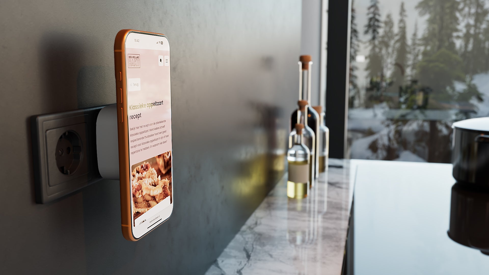 Zens Wireless Charging Adapter magnetically and wirelessly charging a smartphone displaying a recipe in a kitchen setting.