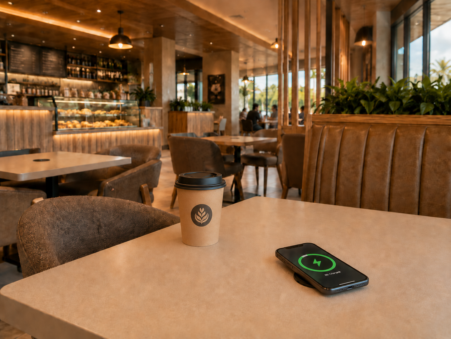 Smartphone charging on a built in wireless charger at a gas station.