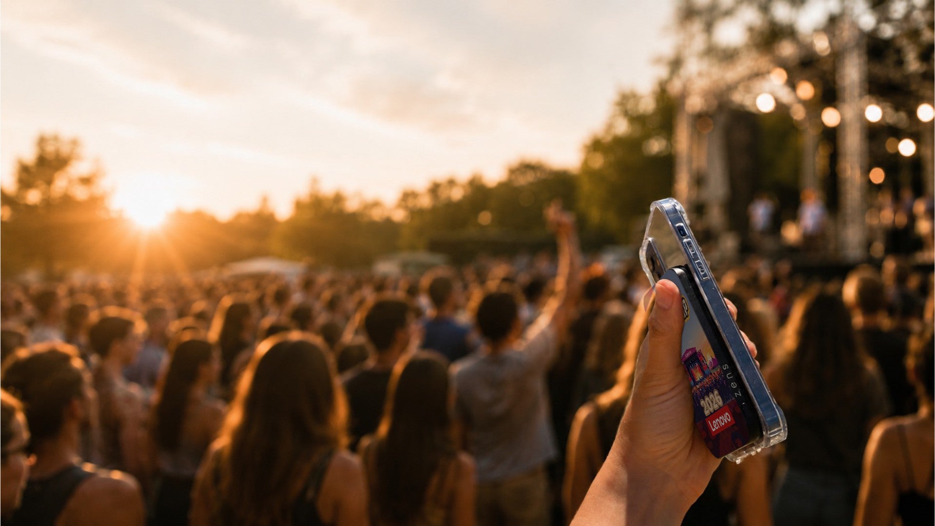 Person holding a smartphone with a branded powerbank at festival scene