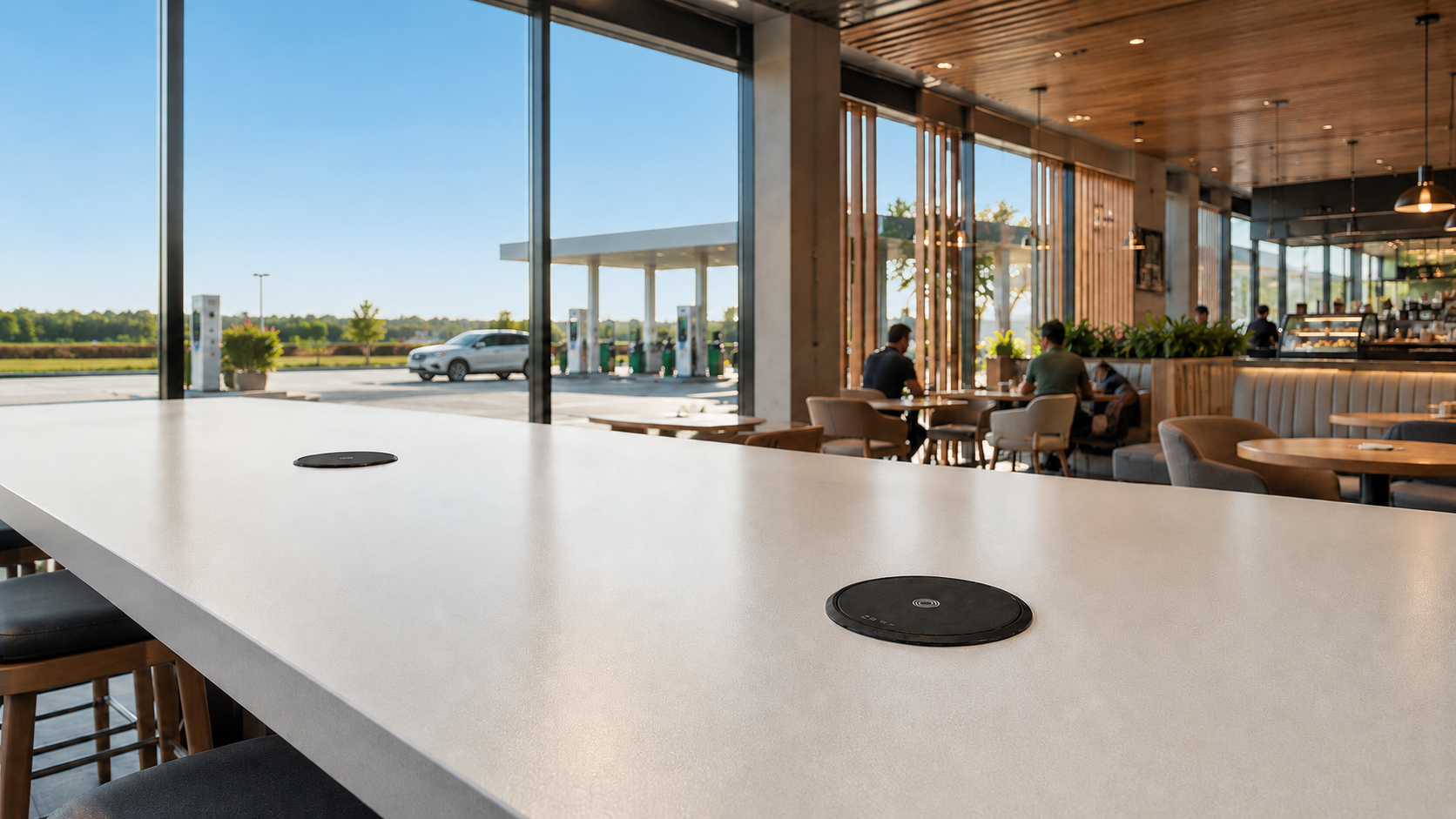 Large table at a gas station with two built in wireless chargers charging smartphones.