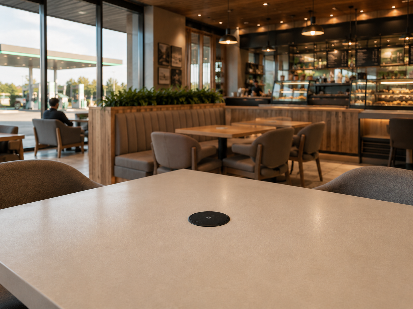 Built in wireless charger integrated into a table at a gas station charging a smartphone.