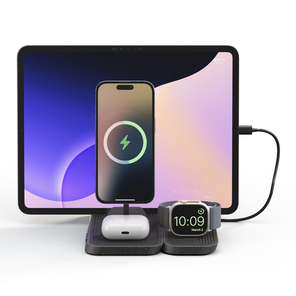 Zens 4 in 1 Modular Charging Station wirelessly and magnetically charging a smartphone, AirPods, Apple Watch and iPad.