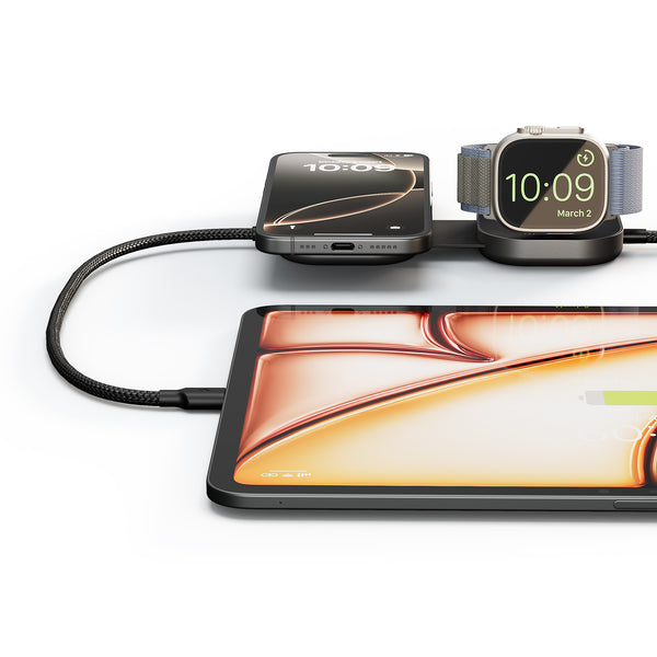 Charging Cable USB C-C Pro 3 wirelessly and magnetically charging a smartphone, iPad and watch.