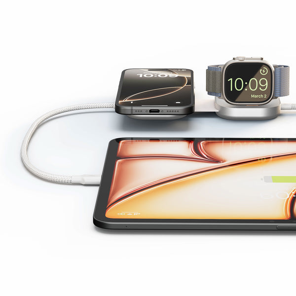 Charging Cable USB C-C Pro 3 wirelessly and magnetically charging a smartphone, watch and iPad.