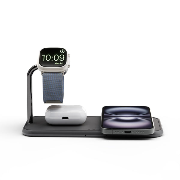 Dual Watch Aluminium Wireless Charger magnetically and wirelessly charging a smartphone, AirPods and a watch