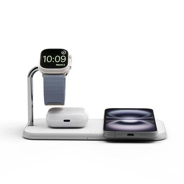Dual Watch Aluminium Wireless Charger magnetically charging a smartphone, Apple Watch and AirPods
