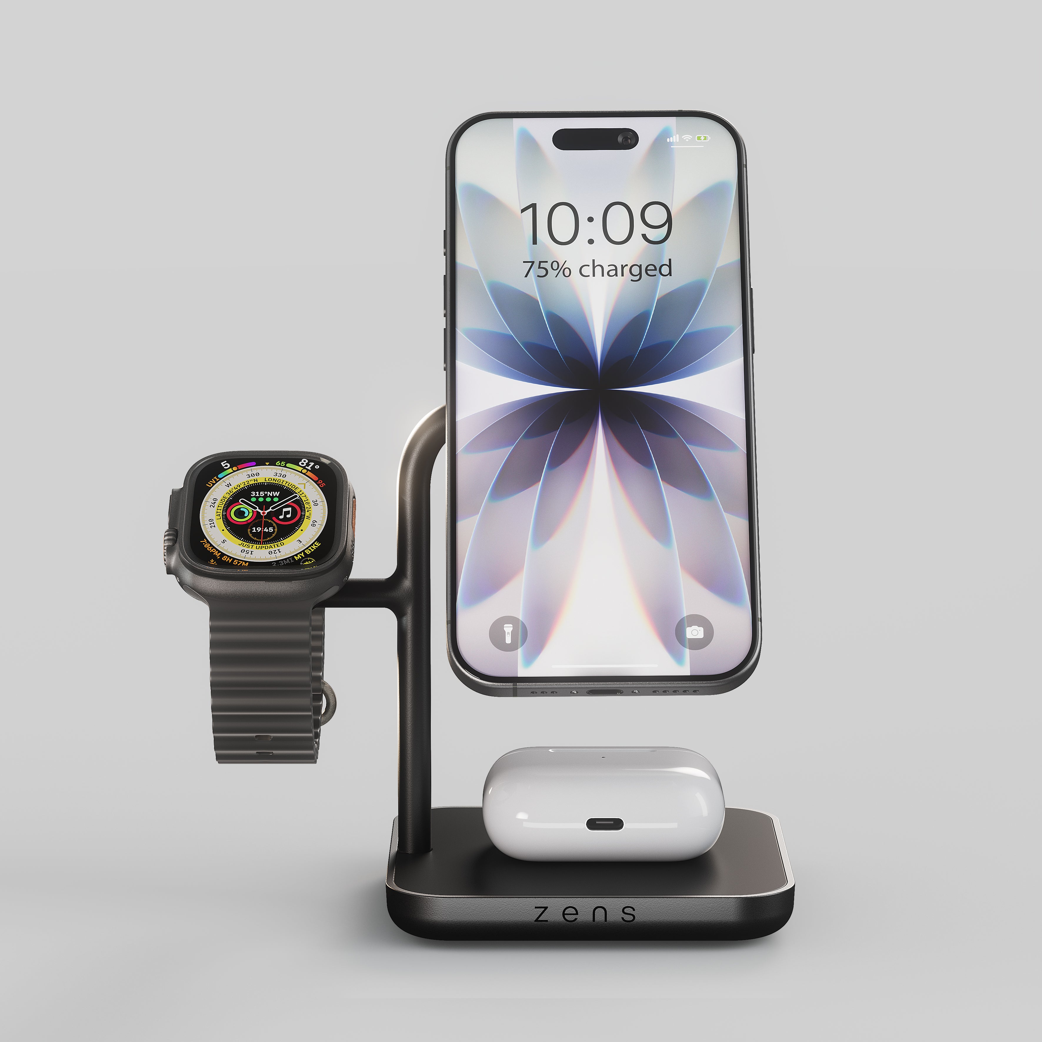Wireless magnetic 3 in 1 charger for iPhone, Apple Watch and AirPods with a white background