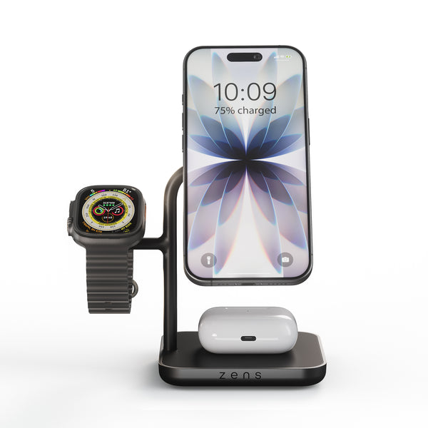 Office Charger Pro 3 charging a smartphone, AirPods, and an Apple Watch on a white background.