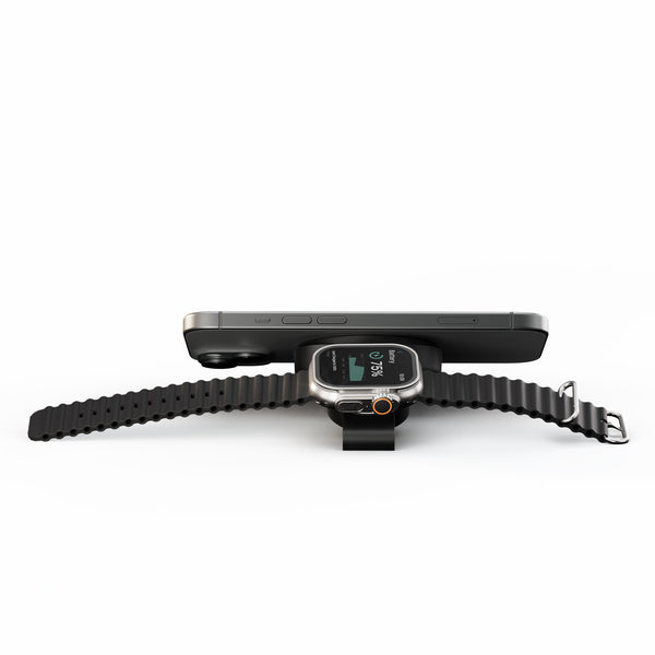 Zens Travel Charger Pro 2 wirelessly and magnetically charging a smartphone and watch.