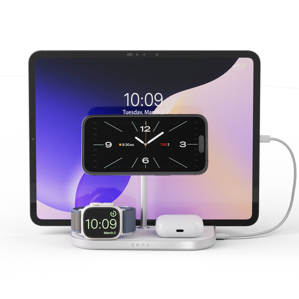 Zens 4 in 1 wireless magnetic charger charging an iPad, smartphone, AirPods and Apple Watch.