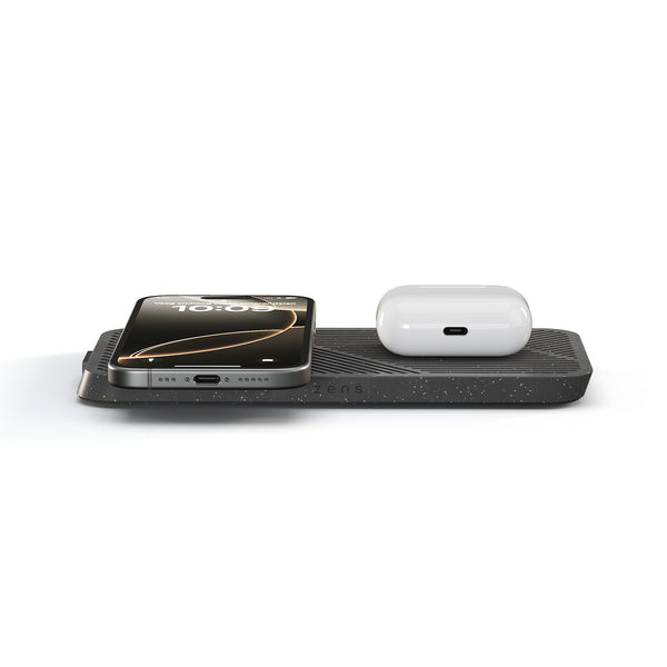 Zens Modular Dual Wireless Charger Main Station magnetically and wirelessly charging AirPods and a smartphone.