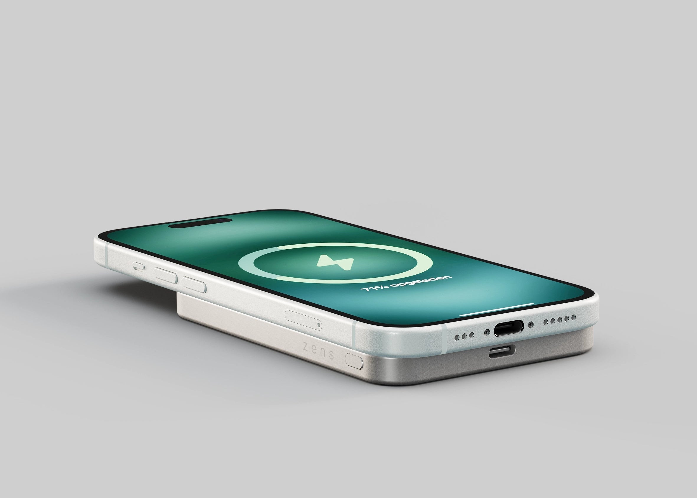 iPhone with a MagSafe powerbank attached wirelessly charging