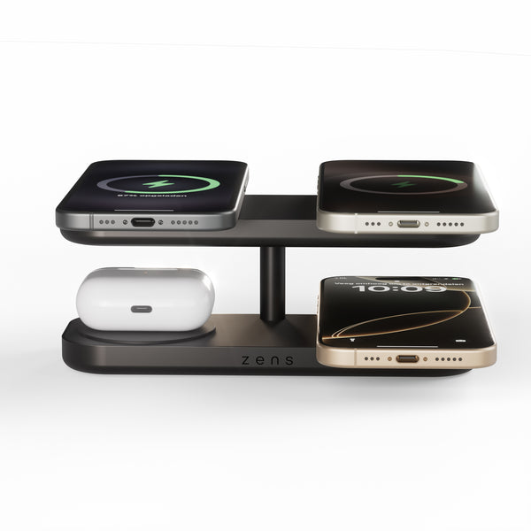 Zens Quattro Charger Pro 4 wirelessly and magnetically charging three smartphones and AirPods.