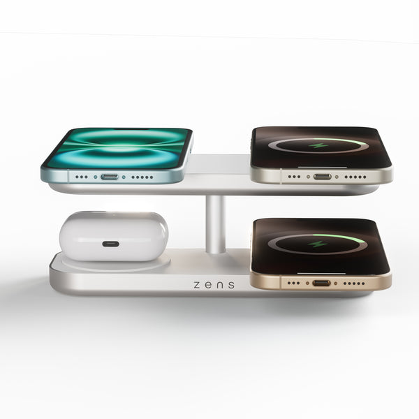 Zens Quattro Charger Pro 4 wirelessly and magnetically charging three smartphones and AirPods.