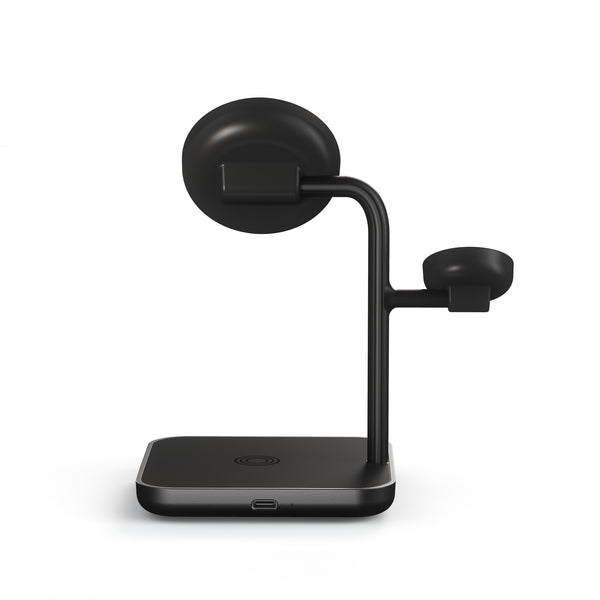 Office Charger Pro 3 charging a smartphone, AirPods, and an Apple Watch on a white background.