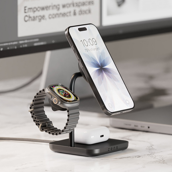 3 in 1 wireless magnetic charger for AirPods, Apple Watch and smartphone in a home office setting