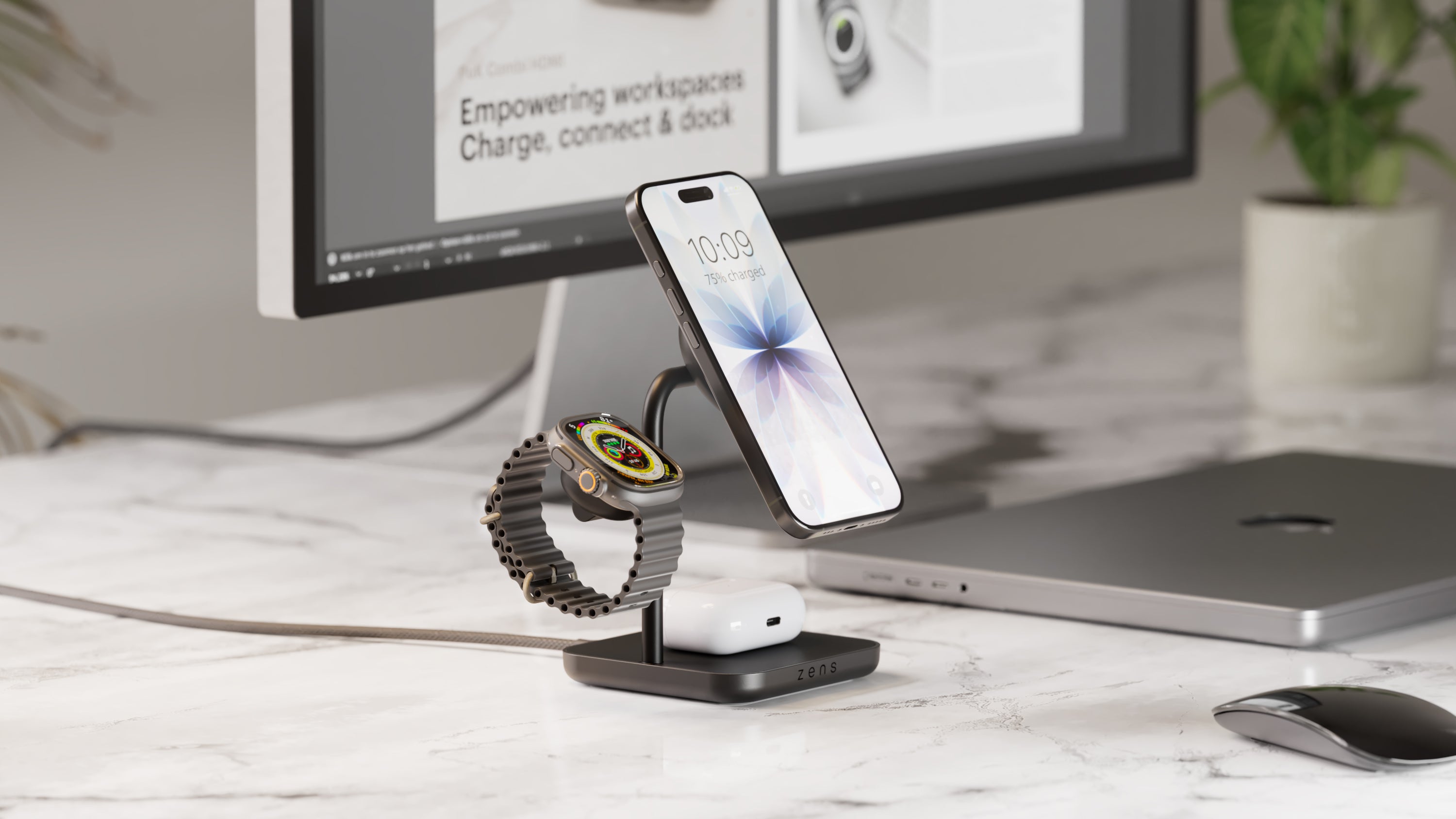 3 in 1 wireless magnetic charger for AirPods, Apple Watch and smartphone in a home office setting