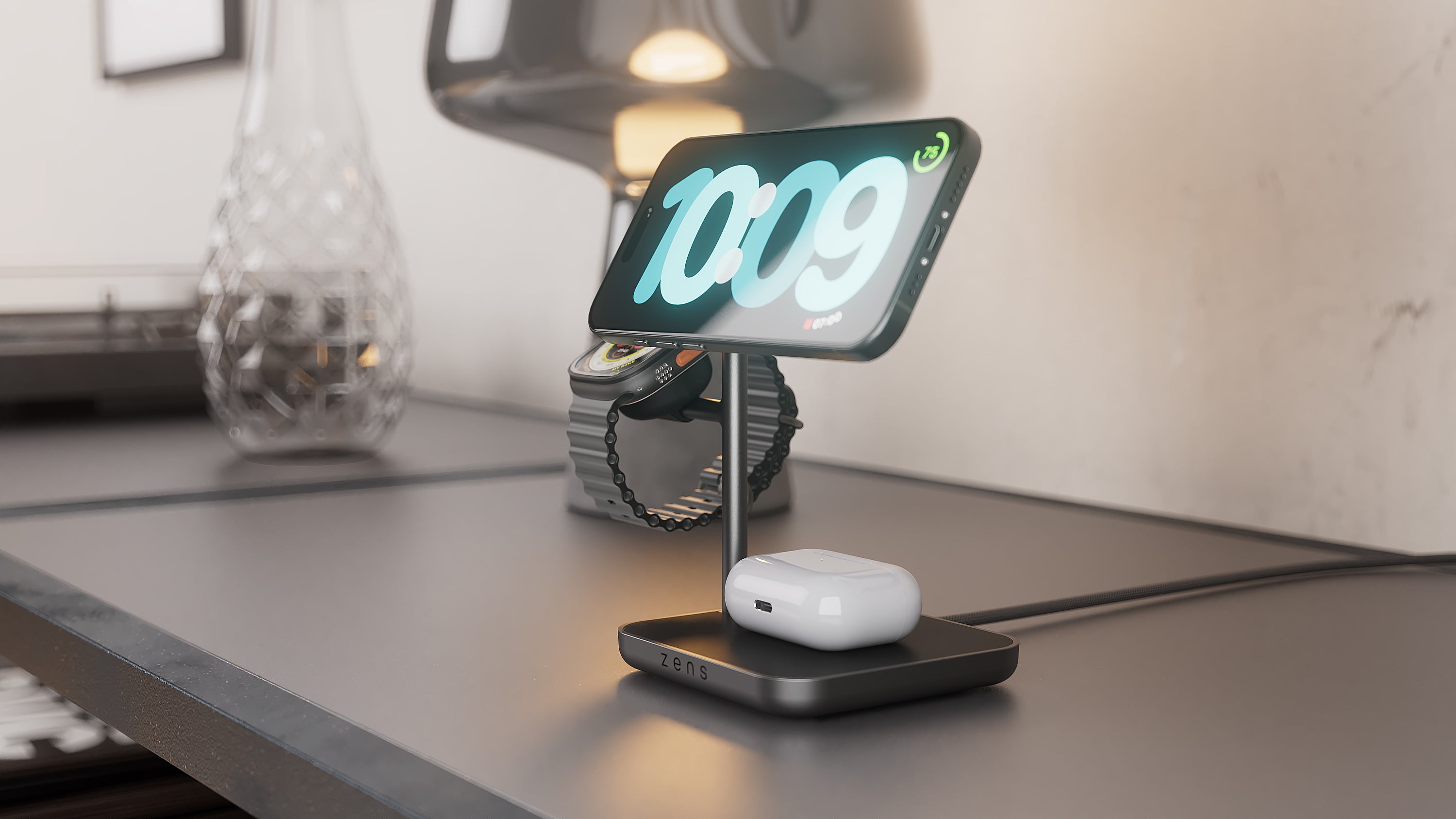 Wireless magnetic 3 in 1 charger for iPhone, Apple Watch and AirPods in a lifestyle setting