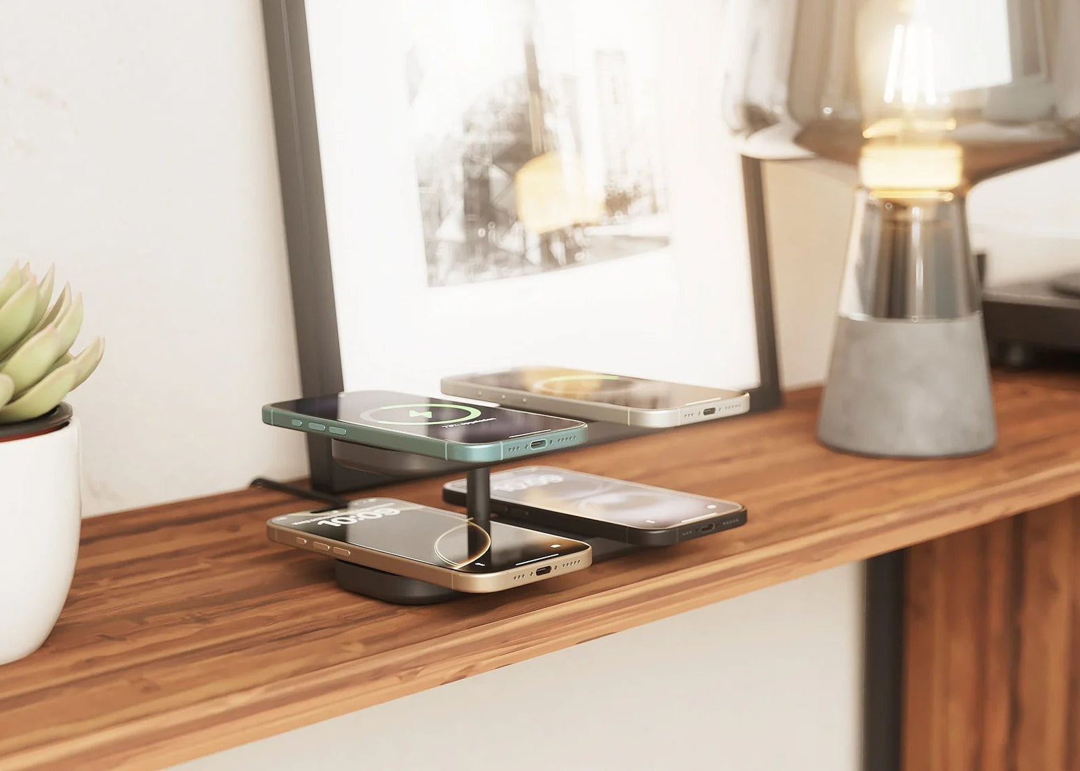 Charging station with 4 iPhones charging wirelessly in a living room setting