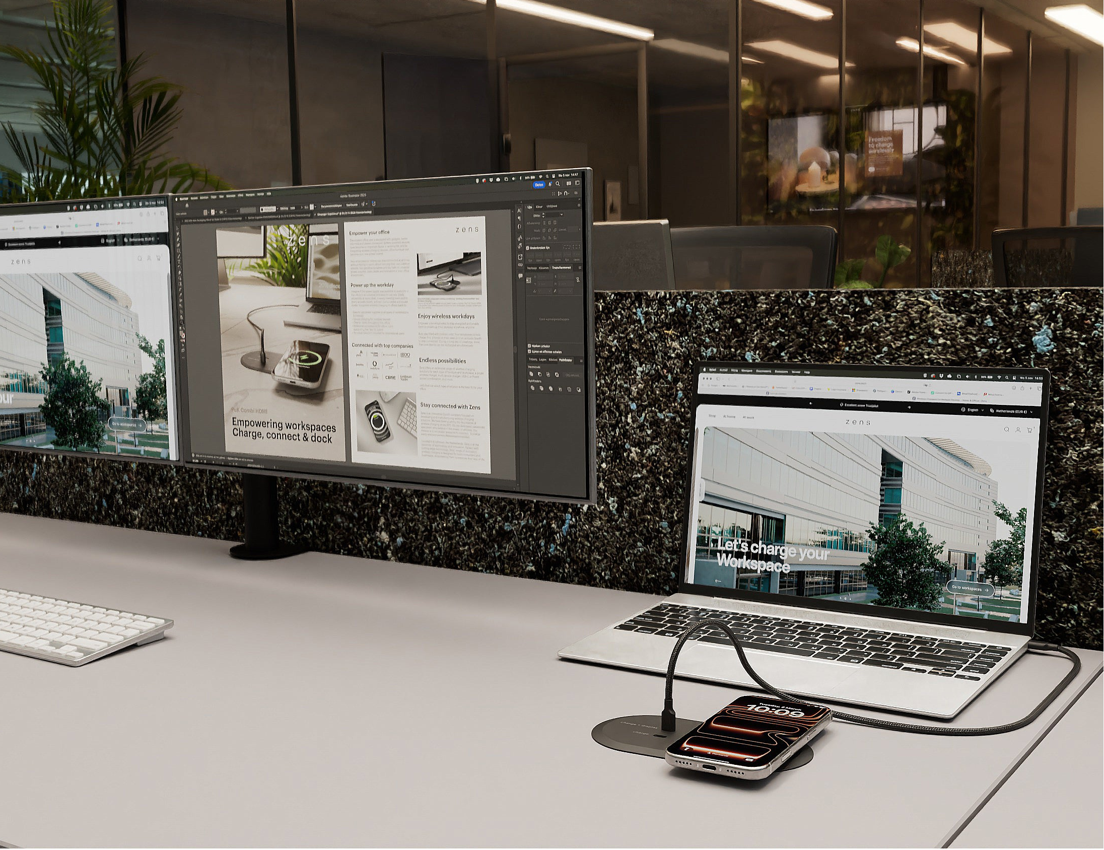 Zens PuK Combi HDMI charging a smartphone with MagSafe and wireless charging in an office setting.