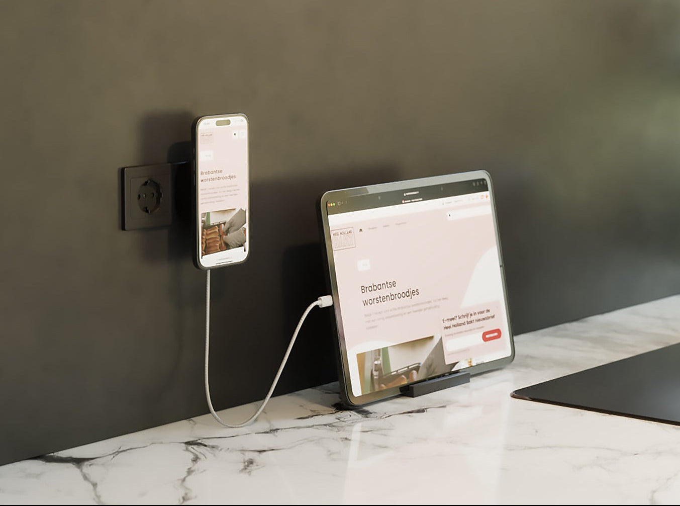 Magnetic Wireless Charging Adapter charging a smartphone and an iPad in a lifestyle setting.