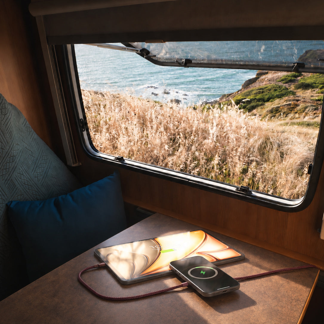 A cozy interior scene of a train or camper with a window showing a coastal landscape outside. On the table in front of the window are a tablet and a smartphone connected to the Zens Charging Cable Pro 2