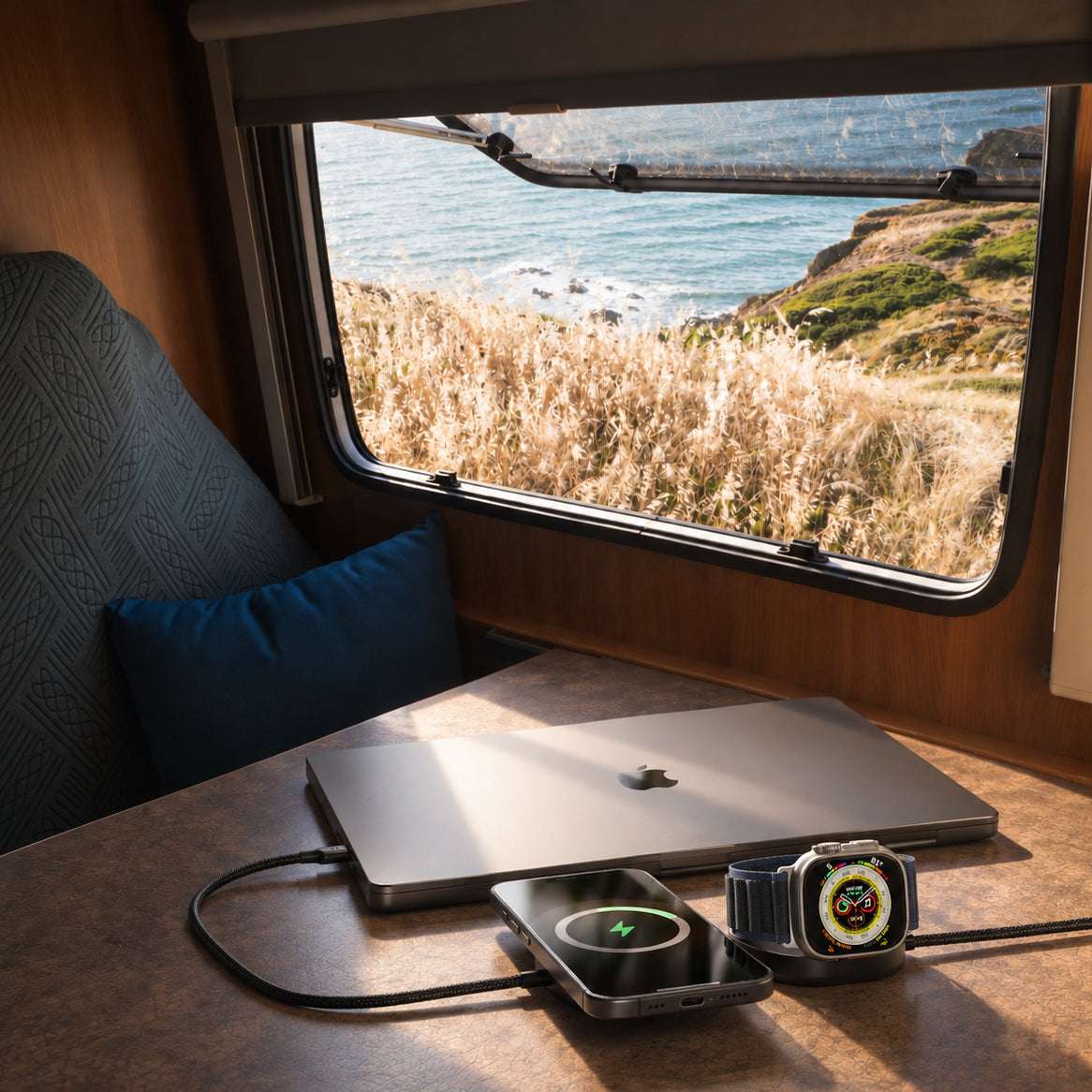 A laptop, smartphone, and smartwatch are connected to the Zens Charging Cable Pro 3 on a wooden table inside a camper, with a window showing a coastal landscape outside.