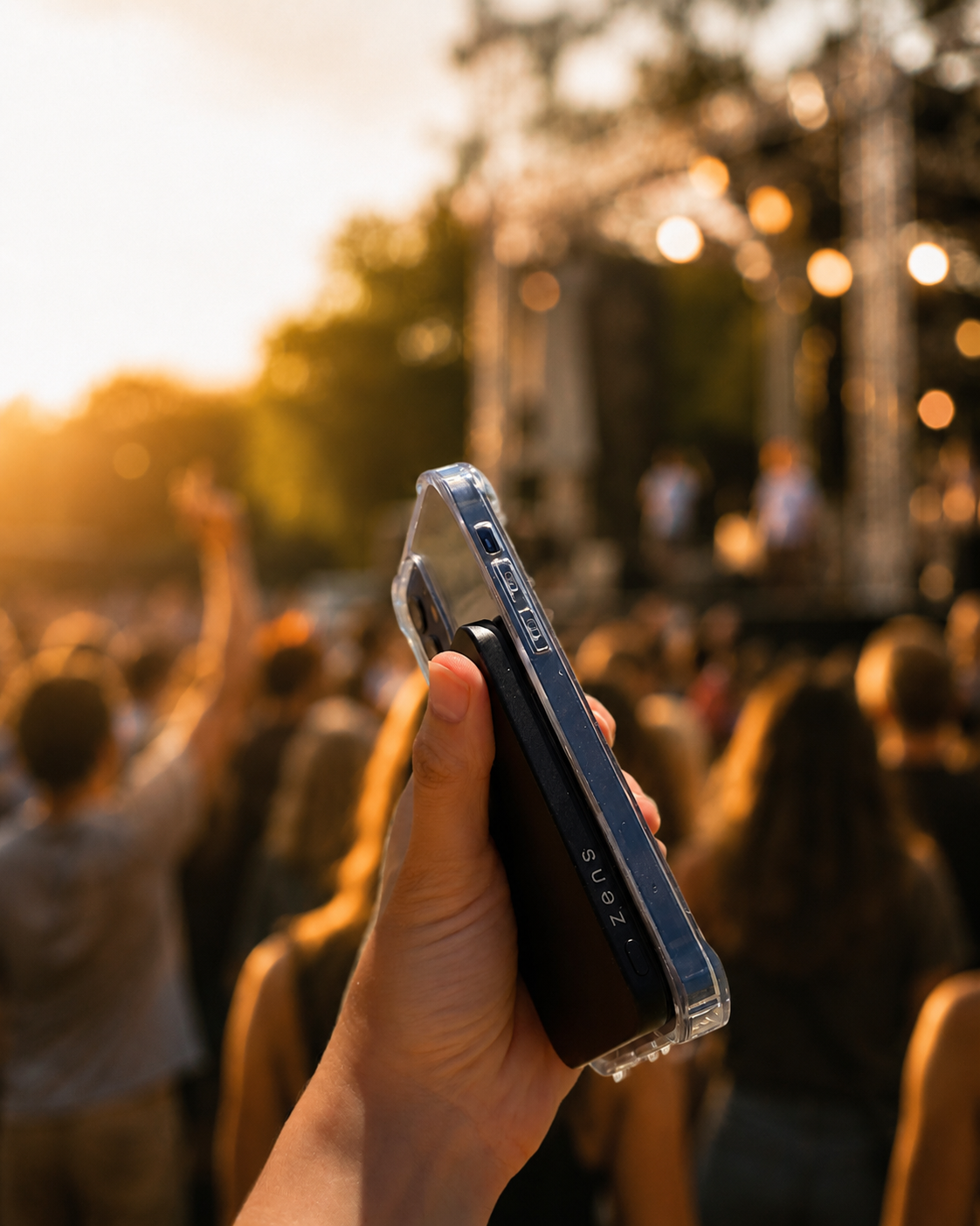 Black Zens magnetic power bank attached to a smartphone at a festival.