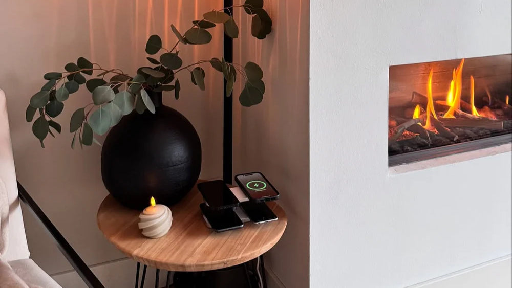 Modern living room with a family 4 in 1 multidevice charging station for iPhones and Android