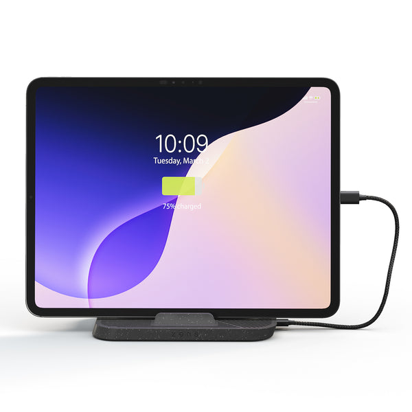 Zens 60W iPad and MacBook Air Charging Stand magnetically and wirelessly charging an iPad.