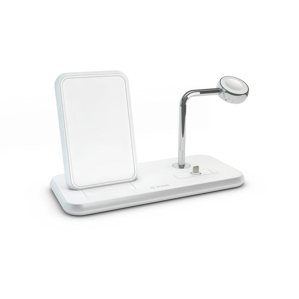 Front side view of the white Zens Stand Dock Watch aluminium wireless charger on a white background