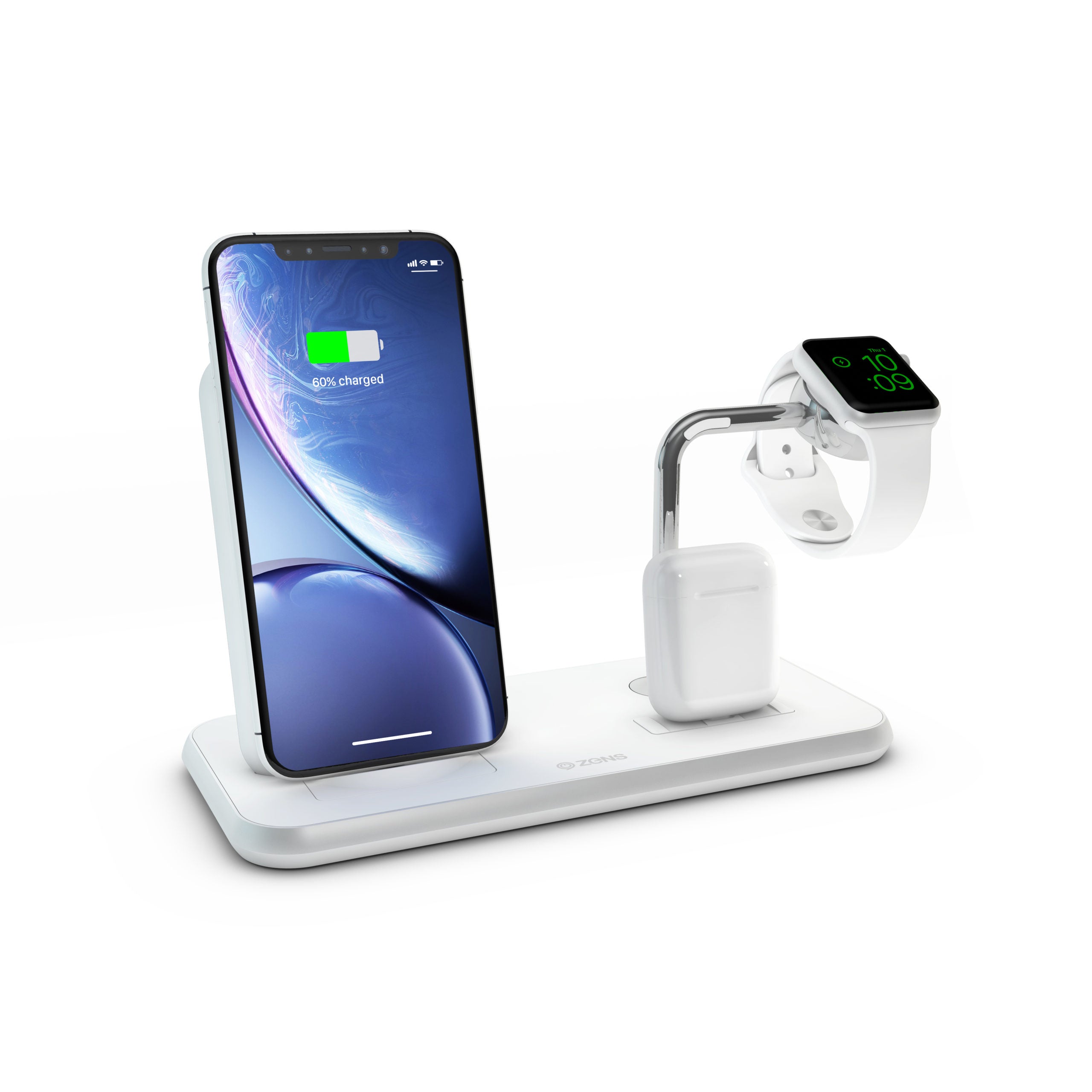 White Zens Stand Dock Watch aluminium wireless charger charging an iPhone, Apple Watch and AirPods