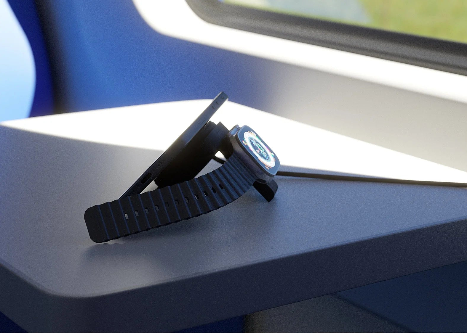 Travel Charger Pro 2 charging an Apple Watch on a train.