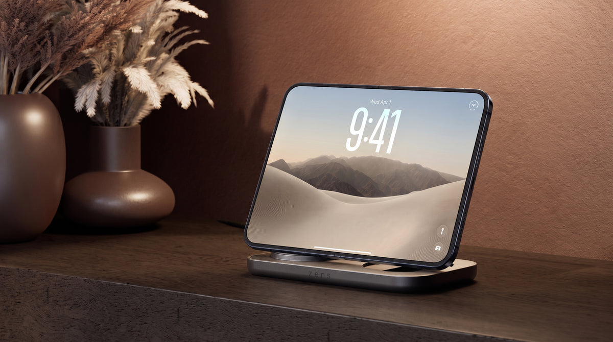 Zens Duo Charger Pro 2 with iPhone Duo unfolded on wireless charger