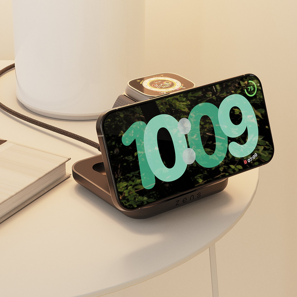 2 in 1 wireless nightstand charger charging an iPhone and Apple Watch on a nightstand or coffee table