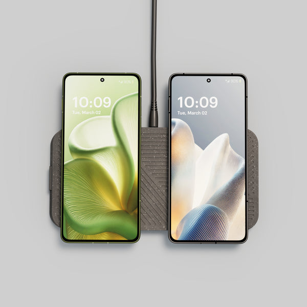 Modular Dual Wireless Charger Main Station magnetically charging two smartphones.