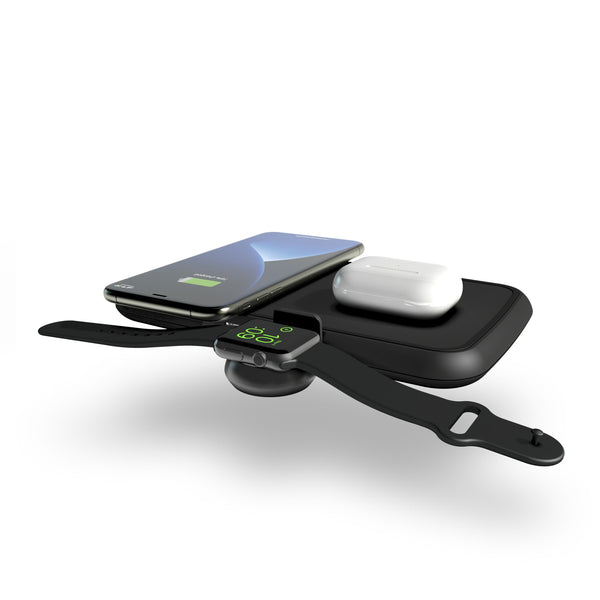 Black Zens 3 in 1 wireless charger with detachable Apple Watch charging module charging an iPhone, Apple Watch and AirPods