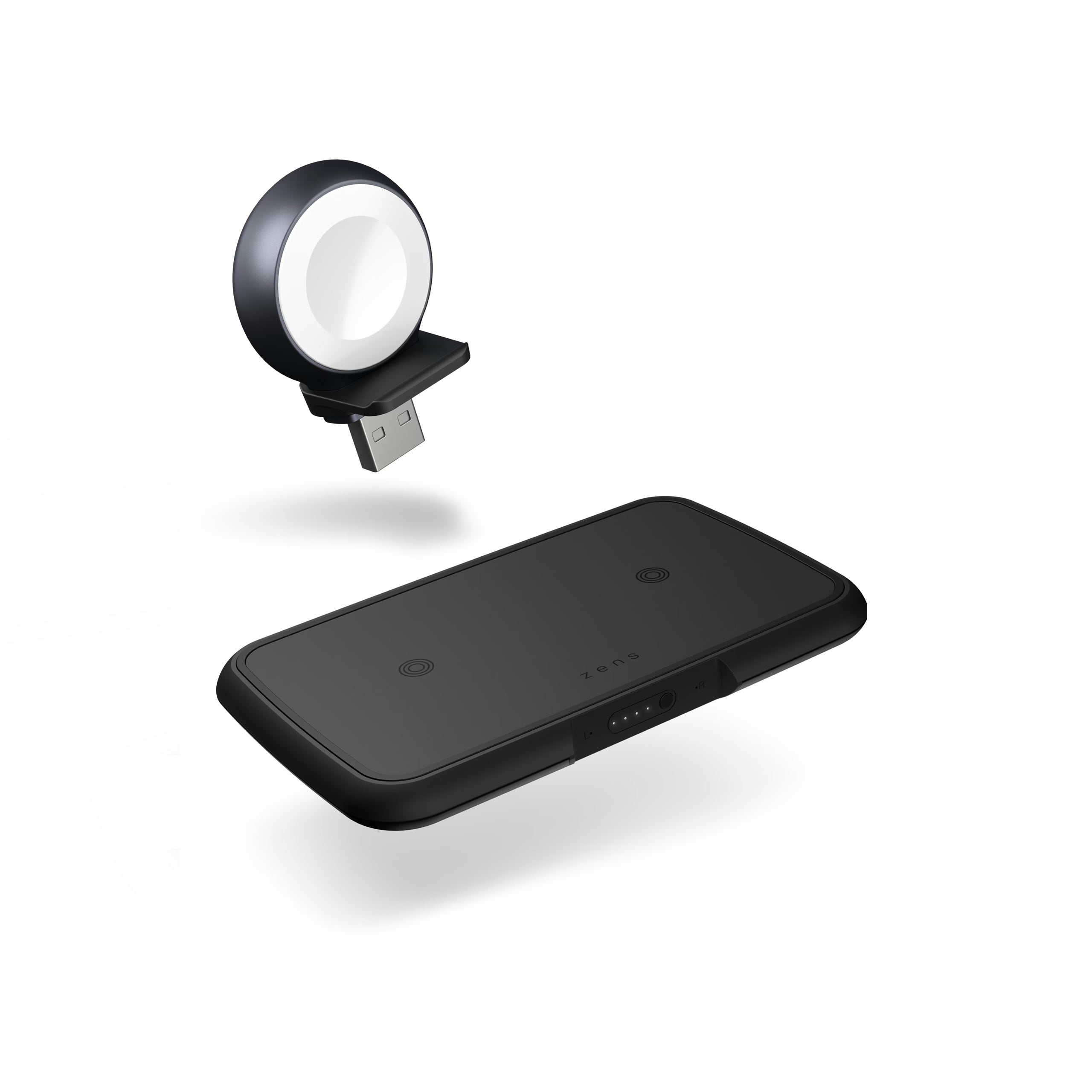 Black Zens 3 in 1 wireless charger with detachable Apple Watch charging module on a white background